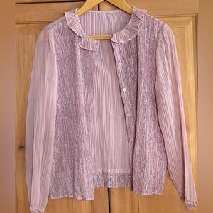 Pink mauve long-sleeve blouse lace front overlay, plissé pleat and ruffles